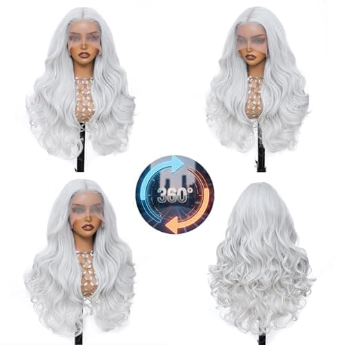 Barbique 26 Inch Grey Body Wave Synthetic Wig 13x6 HD Transparent Lace Front Wigs for Women Heat Resistant Glueless Pre Plucked Christmas Holiday Wigs 180% Density with Baby Hair - Thumbnail 5