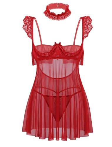 Avidlove Sexy Lingerie Set for Women Sheer Lace Underwire Negligee Chemise Datting Nightgown Wine Red XXL - Image 1