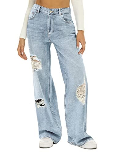 HDLTE Women's Wide Leg High Waist Baggy Jeans - Loose Boyfriend Fit, Sky Blue Denim Pants - Image 1