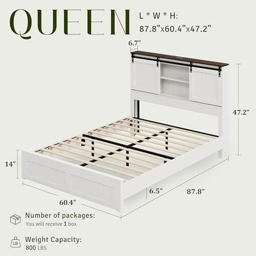 Uteeran Queen Size Bed Frame with Storage, Sliding Barn Door, Farmhouse Wood Platform Bed with Reading Light and Charging Station, Wood Slats Support, Easy Assembly, Noise-Free, Antique White - Thumbnail 2
