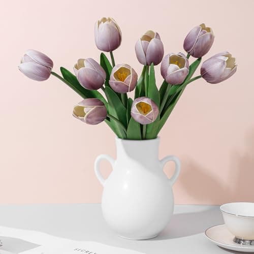 LILUYTO Lavender Mist Fake Tulips,18.5" PU Artificial Tulips Flowers for Spring Easter Home Kitchen Wedding Bouquet Bulk Mother's Gift Day Decorations - Image 1