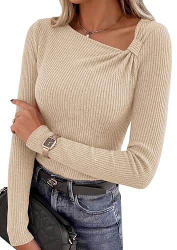 PRETTYGARDEN Womens 2026 Early Fall Fashion Long Sleeve T Shirts Asymmetrical Ribbed Fitted Trendy Going Out Tops Y2K Outfits (Khaki,X-Large) - Image 1