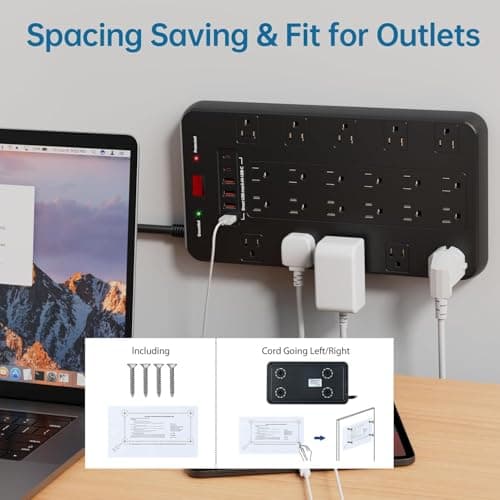Power Strip 10 FT Cord with 22 Outlets 6 USB Ports(2 USB C), 1875W/15A, 10 FT Flat Plug 3 Prong Extension Cord with Multiple Outlets for Home Office, Dorm, Gaming, Black - Thumbnail 5