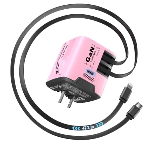 W & O Fast Charger for iPhone17/16/15,60W gan Charger,Retractable Phone Charger Wall Plug with Lightening and Type-C Cables for iPhone, Galaxy S25/24,Android and More (Pink) - Image 1