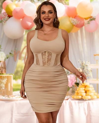 FANCMISTERY Women's Plus Size Sexy Lingerie Dress Sleeveless Bodycon Stretch Elegant Coreset for Club Midi Dresses (US, Alpha, XX-Large, Plus, Regular, Brown) - Thumbnail 3