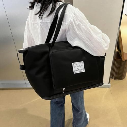 Large Capacity Foldable Travel Bag, Sports Shoulder Bag, Duffel Bag, Wet and Dry Separation, Waterproof Oxford Fabric, Black, Large - Thumbnail 4