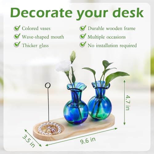 Pozfun Hand Blown Glass Plant Propagation Stations Plant Terrarium Wooden Stand for Hydroponic Plants Combine Jewelry Tray and Photo Holder Office Home Garden Decor - 2 Bulb Glass Vases - Thumbnail 6