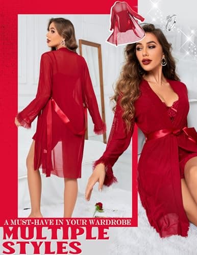 Tidouk Women Sexy Lingerie Set 3 Piece Lace Babydoll Lingerie Dress with Mesh Kimono Robe Nightwear(Wine Red, Large) - Thumbnail 5