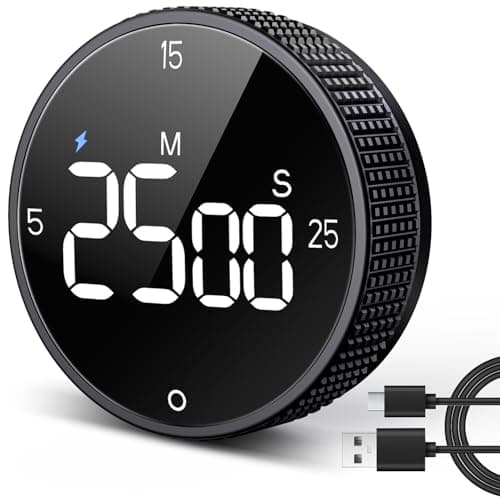 USB Rechargeable Magnetic Kitchen Timer for Cooking, Building 800mAh Battery Large Display Digital Countdown Countup Timer, 3 Preset 5/15/25 Mins Loud Alarm for Baking Grilling Studying