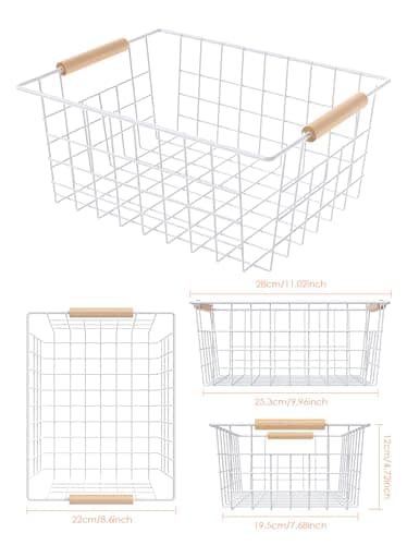 Wire Basket with Wooden Handle, Metal Utility Storage Basket for Organizing Kitchen Pantry Cabinets, Closet and Garage Shelves Drawers, Office Metal Basket Storage Organizer with Handle (White 2 Pack) - Thumbnail 4