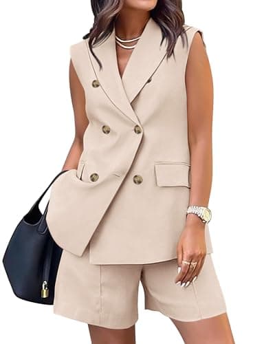 BTFBM Two Piece Sets For Women Summer 2026 Pockets Button Sleeveless Vest And Shorts Spring Work Business Casual Outfits(Light Khaki, Large) - Image 1