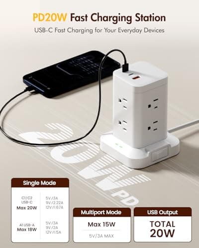 Power Strip Tower with Surge Protector 1800J, Fast Charging Tower PD20W USB-C Ports with 8 AC Outlets, 10ft Extension Cord for Home Office Dorm Room, White - Thumbnail 4