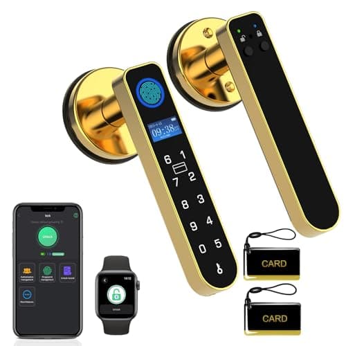 Fingerprint Keyless Entry Bedroom Door Lock with Code RFID Card NFC APP Keypad, Smart Biometric Automatic Interior Door Handle with Lock for Indoor Hotel Pantry Apartment Office Home, Gold - Image 1
