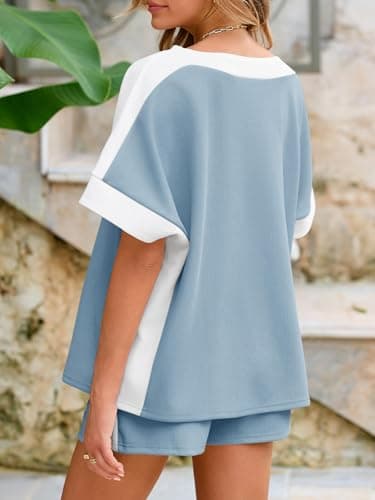 Tankaneo Womens 2 Piece Summer Outfits Oversized Short Sleeve Tops and Shorts Matching Sets Color Block Lounge Set - Thumbnail 5