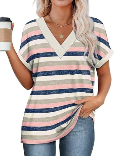 EXLURA Womens Summer Tops V Neck Outfits Clothes Short Dolman Sleeve Blouses 2025 Fashion Shirts - Thumbnail 2
