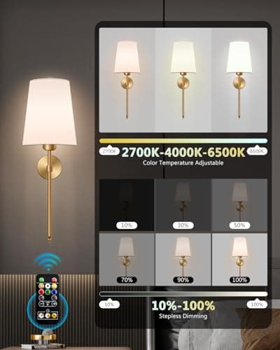 FCPVHOY Battery Operated Wall Sconce Set of 2, Dimmable Wireless Wall Lights with Remote Control, 3 Color Temperatures &15 RGB Colors, Rechargeable Cordless Wall Lamp for Bedroom, Living Room, Hallway - Thumbnail 2
