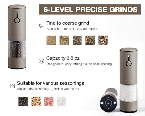 Stainless Steel Rechargeable Electric Salt and Pepper Grinder Set, USB Charging with Dust Cover, 6 Adjustable Grinding Modes + LED Light 2pack，Brown - Thumbnail 5