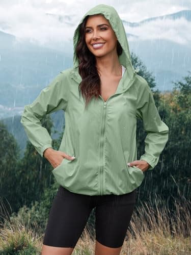 PITINAN Lightweight Rain Jacket Women Packable Rain Coat Women Waterproof Wind breaker Jacket Womens Raincoat with Hood for Hiking Outdoor Travel Green XXL - Thumbnail 2