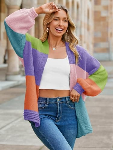 Saodimallsu Womens Boho Cardigans Colorful Long Sleeve Cardigan Open Front Sweaters Chunky Knit Coats Loose Fit 2026 Lake Blue - Thumbnail 5