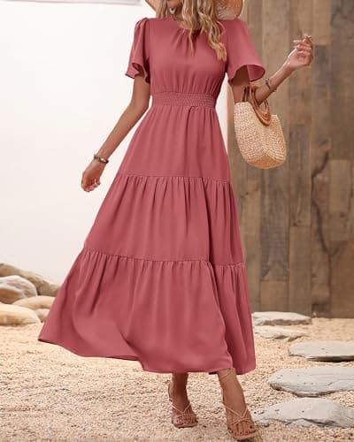 PRETTYGARDEN Women's Summer Casual Short Flutter Sleeve Round Neck Smocked Waist Tiered Boho Floral Flowy Maxi Dress(Solid Bean Paste Red,XX-Large) - Thumbnail 3