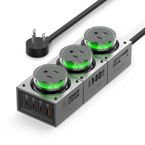 Mfish E-Tank 140W GaN Desktop Charging Station, 7-in-1 Charging Hub with 3 AC Outlets & 4 USB-C Ports (Up to 140W PD 3.1), RGB Desk Power Hub for Gaming Setup, Creator Workstation & Home Office - Image 1