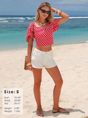 EXLURA Women's 100% Cotton Polka Dot Crop Top Square Neck Open Back Tie Knot Summer Vacation Beach Blouse Cute Ruffle Shirts Red - Thumbnail 4