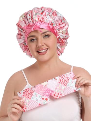 Vettres Double Layer Satin Bonnet for Sleeping with Detachable Eye Mask Adjustable Night Cap for Curly, Natural, Braided Hair Reduces Frizz & Locks in Moisture Pink Strawberry - Thumbnail 4