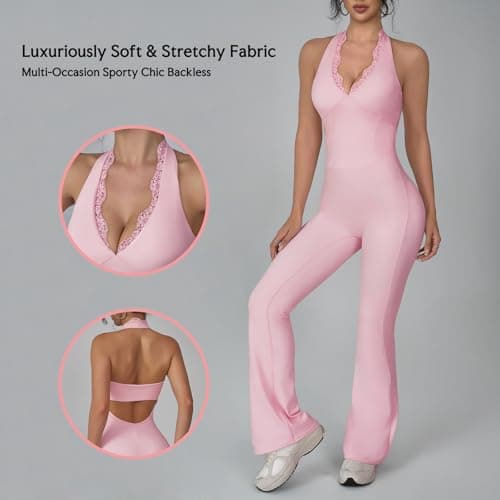 KAIFUYING Women Workout Scrunch Flare Jumpsuits Lace Deep V Hanging Neck Halter Backless Butt Lift Gym Yoga Jumpsuits Sexy jumpsuits Workout jumpsuits for women pink-XL - Thumbnail 3