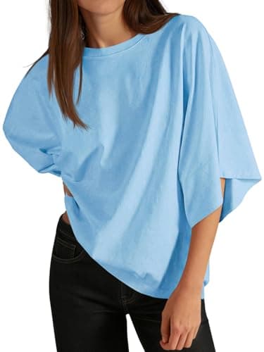 Cicy Bell Womens Oversized Half Sleeve T-Shirts Summer Casual Crew Neck Tshirt Loose Fit Side Slit Tee Tops Sky Blue - Image 1