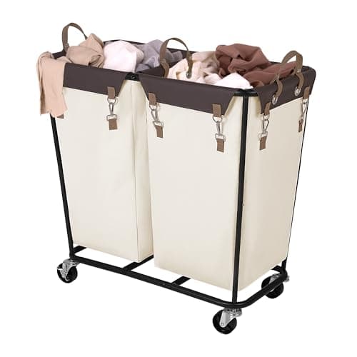 StorageWorks 280L Large Laundry Hamper with Wheels, Laundry Basket with Wheels 2 Sections, Clothes Sorter Cart with Divider for Hotel, Home, Beige, 1-Pack