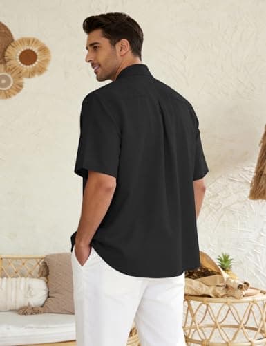 Eisctnd Men's Polo Shirts Short Sleeve Linen Blend Golf Collared T-Shirt for Summer Wedding Beach Vacation Business Casual(Black-XL) - Thumbnail 5