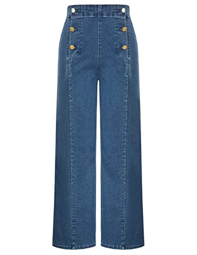 Belle Poque Stretchy Waist Wide Leg Jean for Women Dressy Blue Button Down Work Casual Denim Pants Size 12 Size 14 - Image 1