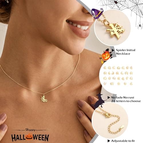 Btysun Halloween Stuffers, Halloween Gifts I Initial Necklaces for Women Non Tarnish Gold Necklace with Spider Web Decorations Basket Stuffers Adjustable Pendant Necklace for Girlfriend Best Friend - Thumbnail 5