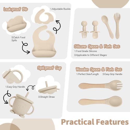 Baby Led Weaning Supplies, 17 Piece BPA-Free Silicone Feeding Set, Eating Essentials Baby Utensils with Suction Plate and Bowl, Pocket Bib, Sippy Cup with Lid, for 6+ Months, Beige - Thumbnail 4