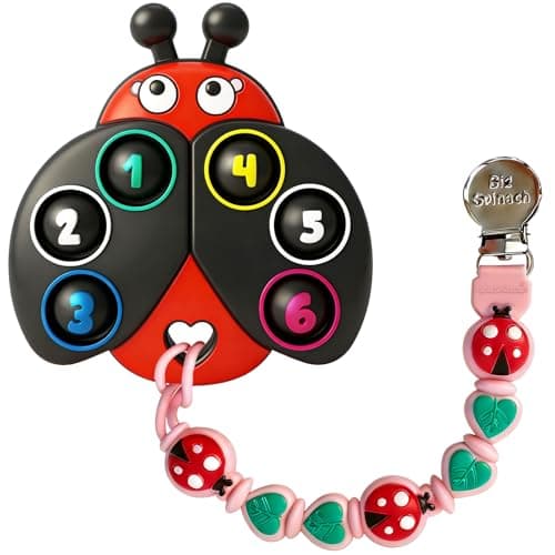 BIGSPINACH Teething Toy & Pacifier Clip Set,Ladybug Pop-It Teether & Pacifier Hold,Multi-Textured Chew Toy with Number Buttons for Early Learning, Baby Teething Relief (Black+Pink)