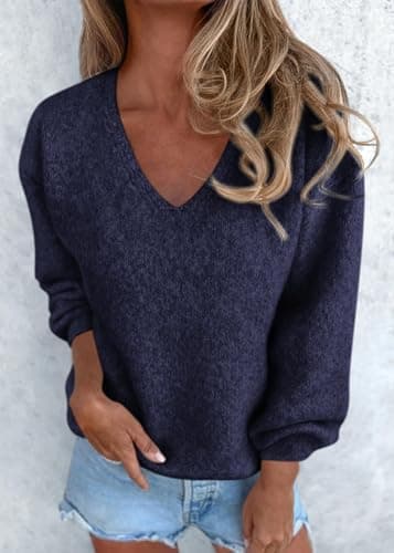 KIRUNDO Sweaters for Women Fall 2026 Oversized V Neck Cozy Cute Casual Long Sleeve Knit Pullover Trendy Winter Clothing(Navy, X-Large) - Thumbnail 4