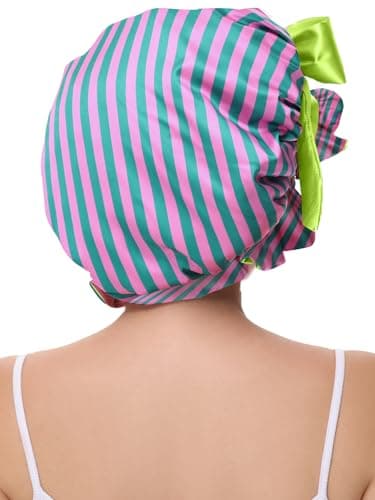 Vettres Silk Hair Bonnet for Sleeping, Satin Shower Cap for Women 2026 with Tie Band and Adjustable Straps Head Wrap for Curly Hair Pink-Red-Green F - Thumbnail 4