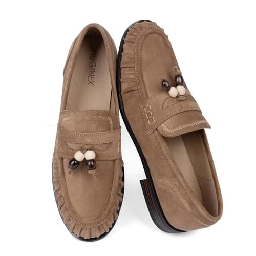 VIUGJNEX Loafers for Women Tan Flats Shoes Women Dressy Comfortable Ruched Toe Beaded Moccasins Womens Faux Suede Womens Loafers Slip on Office Work Flats Casual Walking Shoes Size 9 - Thumbnail 5