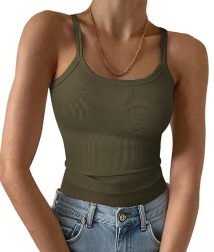 GKBK 2026 Summer Spaghetti Strap Tops for Women Scoop Neck Ribbed Knit Going Out Teen Girls Y2K Crop Clothes Army Green M - Image 1