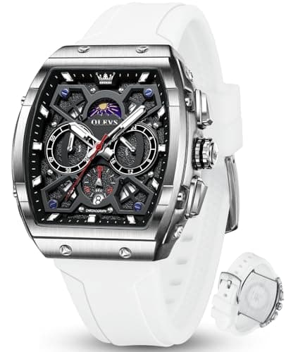 OLEVS Mens Dress Watch 3ATM Waterproof 20cm White Silicone Strap with Black Face Watch for Men Classic Quartz Chronograph SquareTonneau Fashion Men Wrist Watches 98g Lightweigh Ideal Present for Men - Image 1