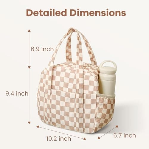 Yarnic Lunch Bag Women Insulated, Large Corduroy Lunch Box for Work with Bottle Pockets, Stylish Reusable Cooler Tote for Adults Teachers Picnic (Checkered Brown) - Thumbnail 5