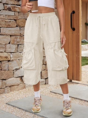 Aoysky Womens Wide Leg Cargo Pants Baggy Elastic Waist Drawstring Loose Cotton Workout Outdoor Capri Pants with Multi Pockets - Thumbnail 3