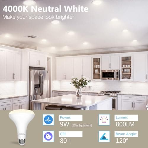 DAYBETTER 24Pack BR30 Led Bulb 65W Equivalent, Dimmable Flood Light Bulbs Indoor, E26 Base, 4000K Neutral White, 9W, 800 LM, Recessed Lighting Bulbs for Ceiling, Recessed Can, Living Room and Kitchen - Thumbnail 5