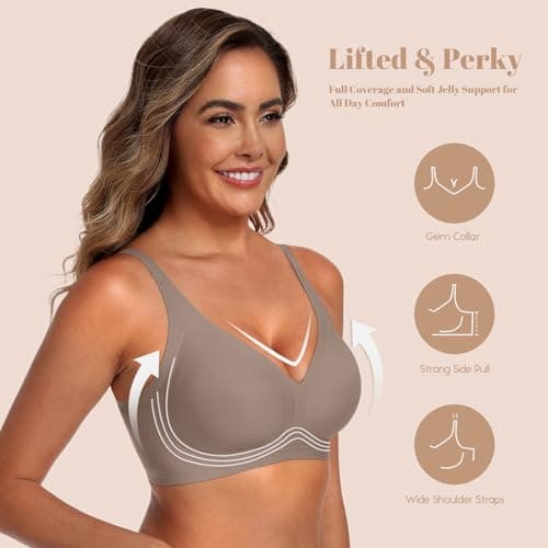 DB MOON Womens Jelly Bras Wireless Seamless Push Up Full Coverage Tshirt Bra No Underwire Supportive Bralette(Light Coffee,S) - Thumbnail 3