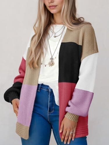 Saodimallsu Womens Boho Cardigans Colorful Long Sleeve Cardigan Open Front Sweaters Chunky Knit Coats Loose Fit 2025 Red - Thumbnail 2