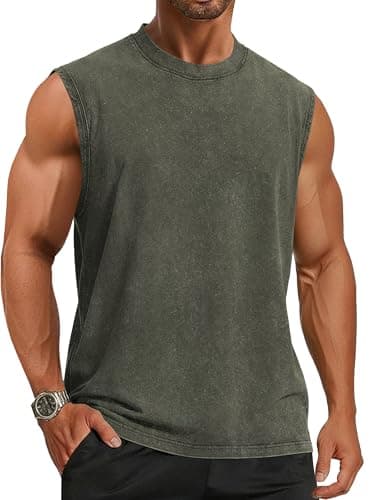 Tank Tops Men Summer Sleeveless Shirts Loose Fit Workout Tops Acid Wash Cotton Tshirts, Army Green, M