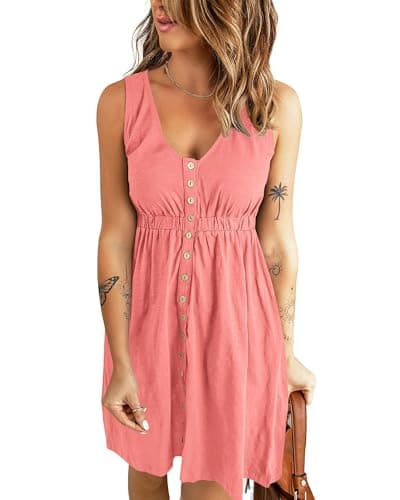 BTFBM Summer Dresses for Women 2026 Spring Clothes Sleeveless Crewneck Beach Vacation Outfits Mini Flowy Sun Dress(Buttons Light Pink, X-Large) - Image 1