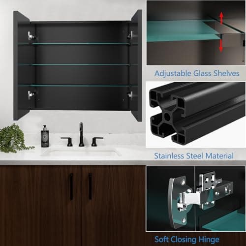 FOMAYKO Bathroom Medicine Cabinet with 30"x26" Black Stainless Steel Framed Mirror,Recessed or Surface Mounted Bathroom Mirror Cabinet,Storage Cabinet with Double Door - Thumbnail 5