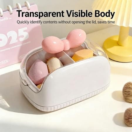 Makeup Storage Box with Cute Bow, Dual-Compartment Design, Sealed Dustproof Lid, Transparent Visible Body, Lightweight Travel-Friendly, Durable Plastic for Cosmetics Sponges Puffs Lipsticks - Thumbnail 4