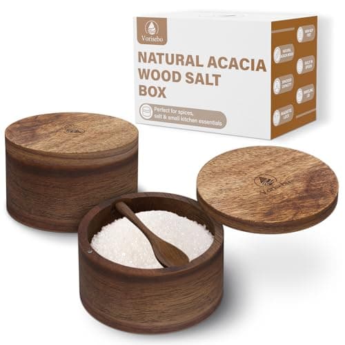 Set of 2 Acacia Wood Salt Container with Built-in Spoon, Elegant Salt Holder with Magnetic Swivel Lid, Each Salt Cellar Box Capacity 6OZ for Kitchen to Storage Pepper, Spice or Favorite Seasonings - Image 1